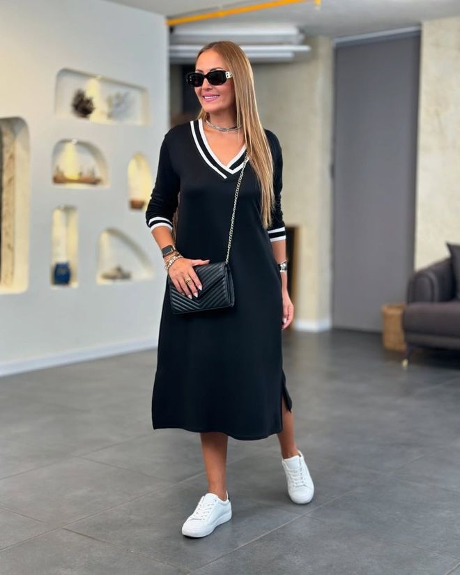 Janes Black V Neck Sweater Dress With 3/4 Sleeves Wholesale Clothing Modest