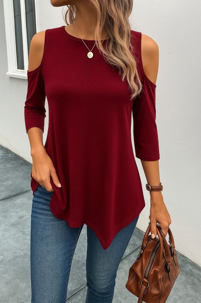 Janes Chemisier Rouge Bordeaux À Manches Droites 3/4 Vêtements en gros Décontracté