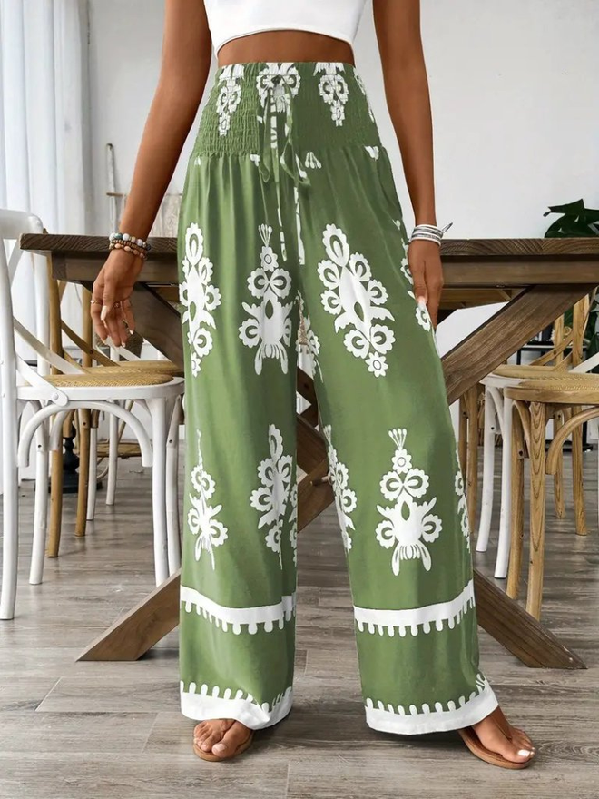 Janes Green Boho Palazzo Pants With Drawstring Wholesale Clothing Casual