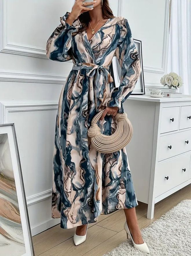 Janes Elegant Beige Wrap Dress With Marble Pattern Wholesale Clothing Casual