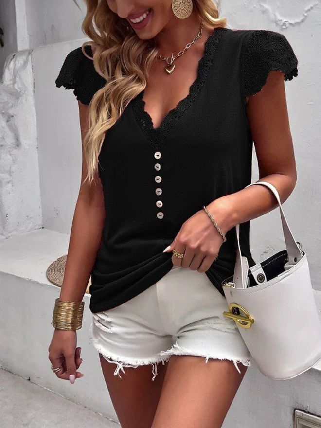 Janes Black Casual Blouse With V Neck And Cap Sleeves Wholesale Clothing Modest