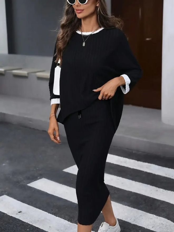 Janes Black Casual Elegant Oversized Pencil Skirt Set Wholesale Clothing Modest