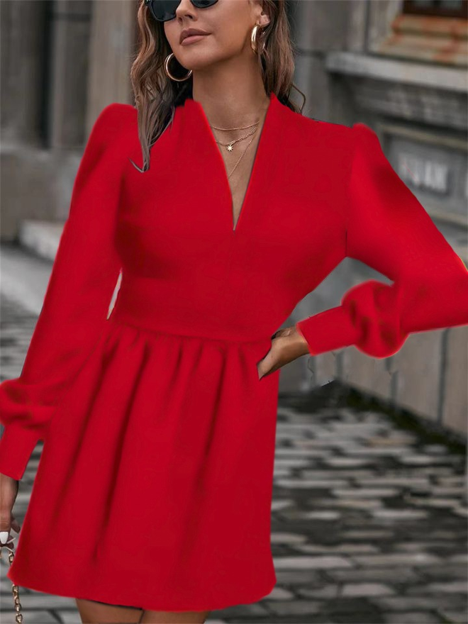 Janes Kadın Uzun Kollu V Yaka Belden Hafif Pileli Scuba Krep Mini Boy Elbise Kırmızı Toptan Giyim Resmi