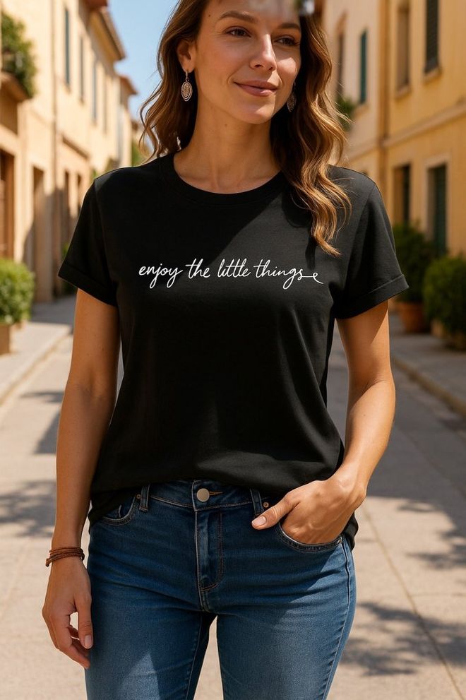 Janes Women's Short Sleeve Basic Viscose T shirt With Text Printed On The Front Black Wholesale Clothing Casual