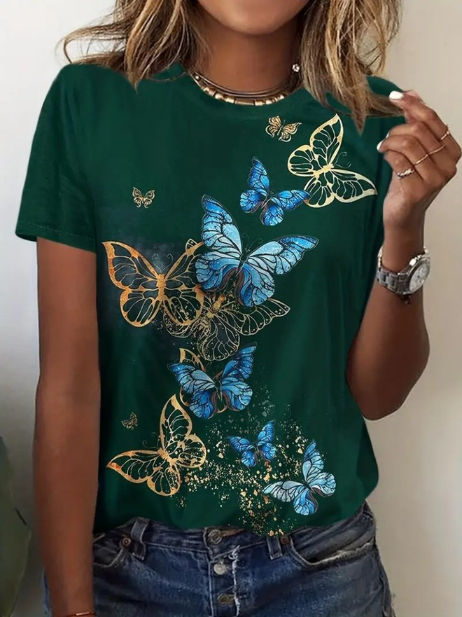 Janes Women's Short Sleeve Blue Yellow Butterfly Print Single Jersey T shirt Green Wholesale Clothing Casual