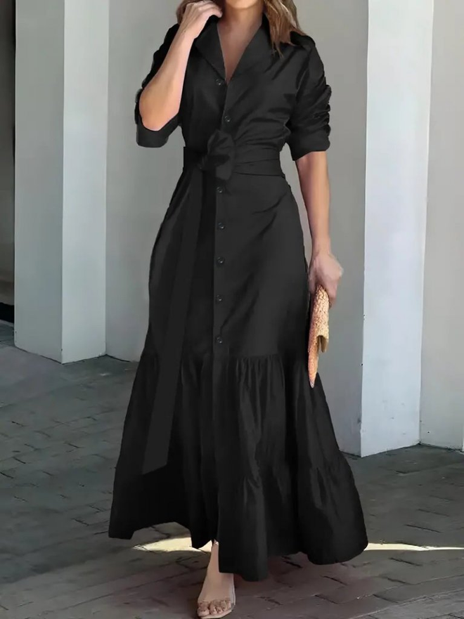 Janes Abito chemisier a figura intera in maglia con gonna a maniche lunghe con volant e cintura in vita Nero Abbigliamento all'ingrosso Casuale