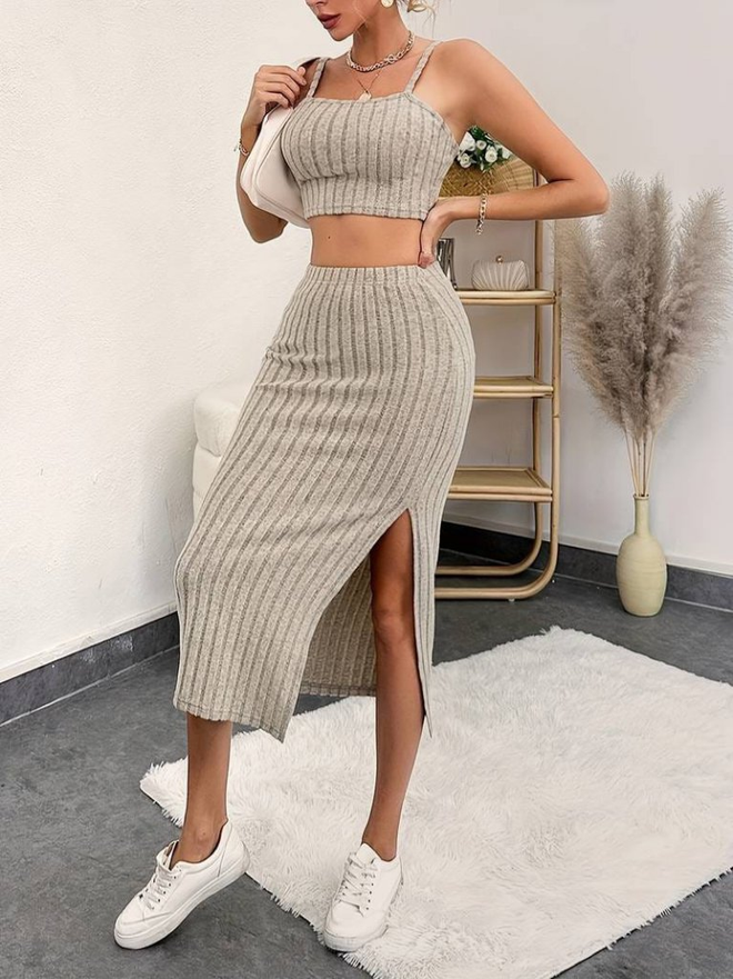 Janes Women's Sleeveless Strap Crop Slit Midi Skirt Ribbed Camisole Suit Beige Wholesale Clothing Casual