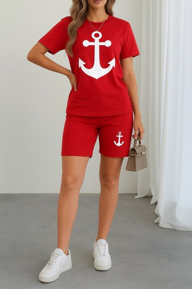 Janes Kurzärmliger Damen Zweiteiler Aus Viskose Mit Ankermuster – Rot Großhandelskleidung Lässig