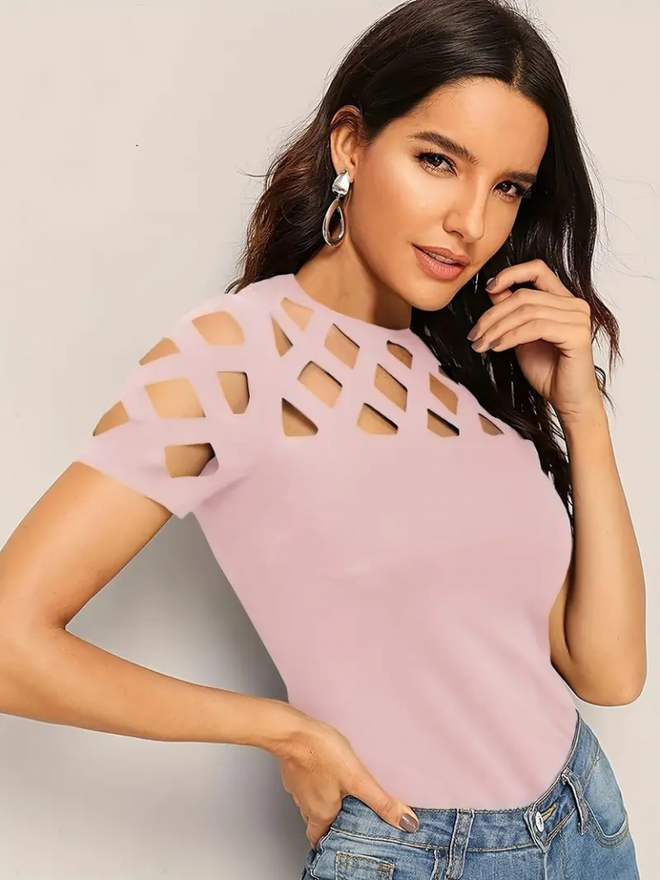 Janes Women's Short Sleeve Diamond Pattern Laser Cut Imported Crepe Blouse Pink Wholesale Clothing Casual
