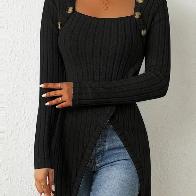 Janes Chemisier À Double Boutonnage À Manches Longues Et Col Carré Profond Pour Femme Noir Vêtements en gros Décontracté