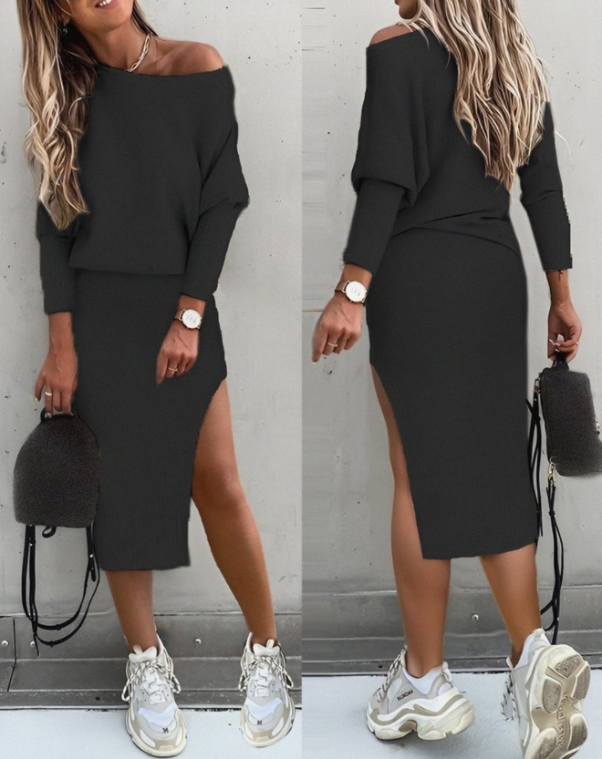 Janes Women's Long Sleeve Off Shoulder Slit Detail Camisole Skirt Blouse Two Piece Set Black Wholesale Clothing Casual
