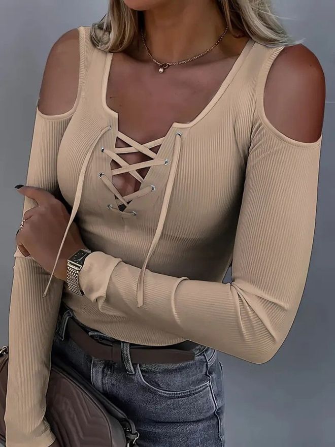 Janes Beige Slim Fit V Neck Blouse With Long Sleeves Wholesale Clothing Casual