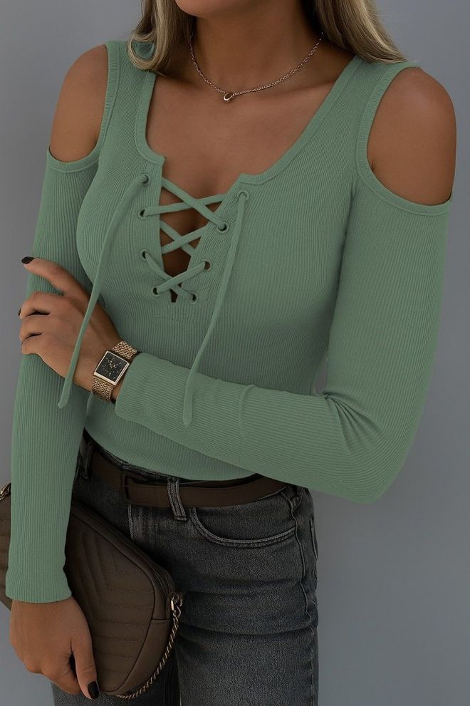 Janes Green Slim Fit V Neck Blouse With Long Sleeves Wholesale Clothing Casual