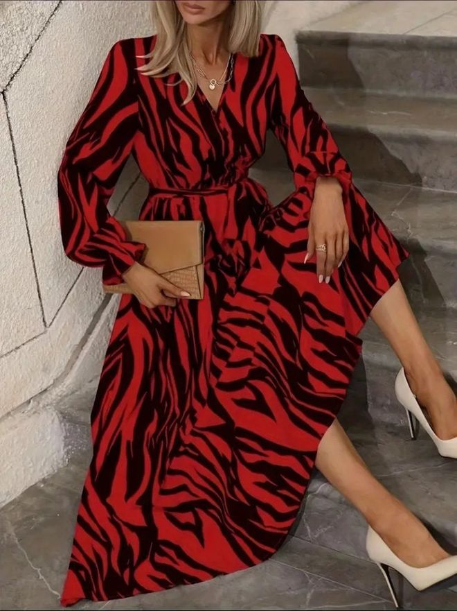 Janes Elegant Red Wrap Dress Maxi With Animal Print Wholesale Clothing Casual