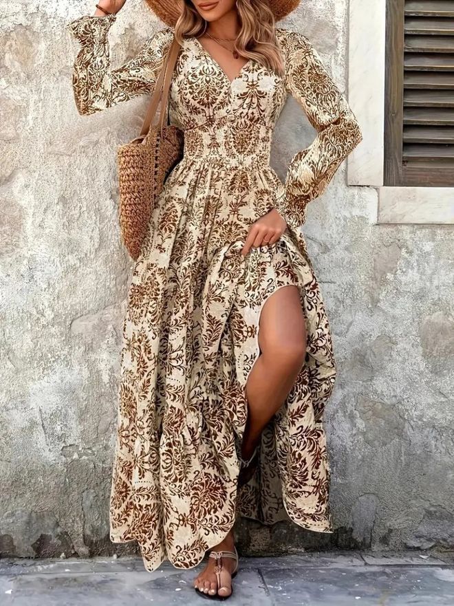 Janes Beige Boho Fit And Flare Dress Wholesale Clothing Modest