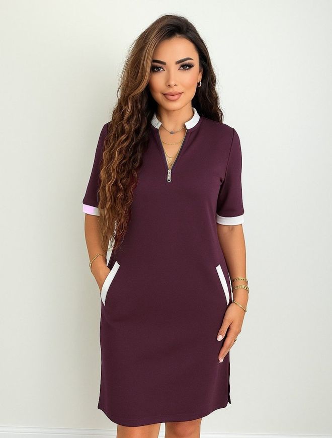Janes Rochie Dama Cu Maneca Scurta Cu Guler Lateral Din Viscoza Cu Buzunare Cu Fermoar Burgundy Îmbrăcăminte cu ridicata 0