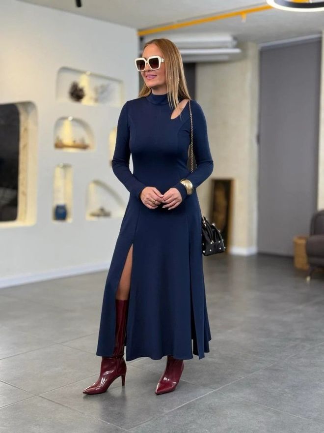 Janes Vestido Azul marinho Elegante Fit And Flare Midi Roupas por atacado Sensual