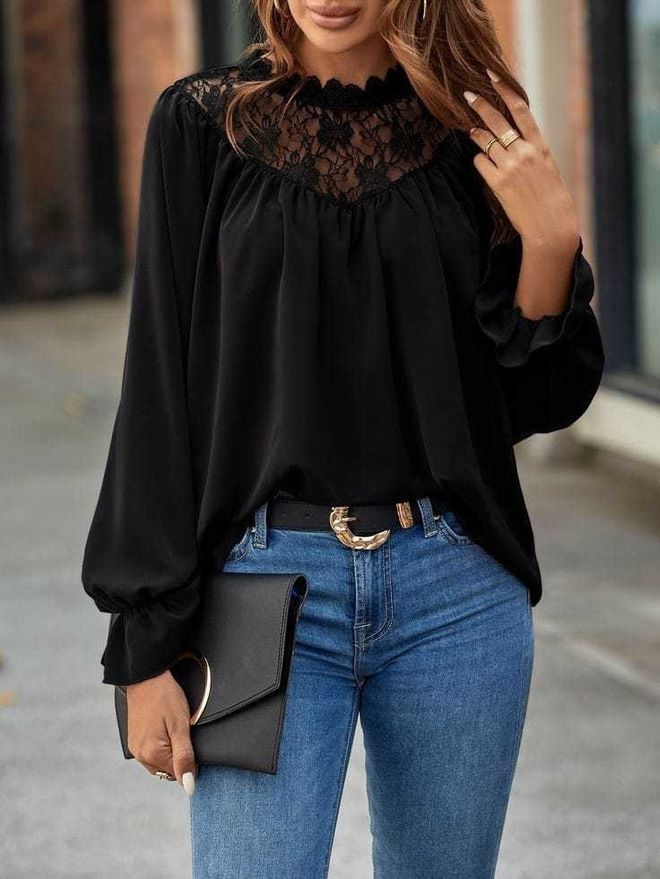 Janes Blusa Negra Elegante Con Mangas Largas Con Volantes Ropa al por mayor Casual