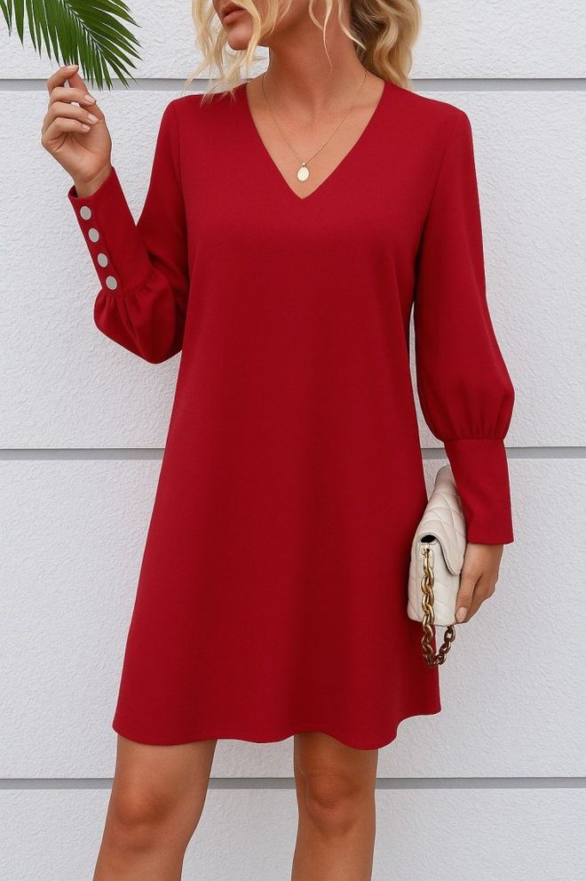 Janes Rotes Shift Kleid Mit V Ausschnitt Und Langen Ärmeln Großhandelskleidung Modest