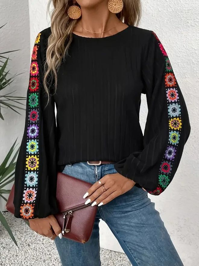 Janes Nero Etnico Casuale Boho Elegante Camicetta Abbigliamento all'ingrosso Casuale