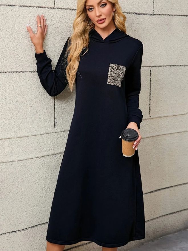 Janes Black Casual Sport Sweater Dress With Hooded Neck Wholesale Clothing Casual