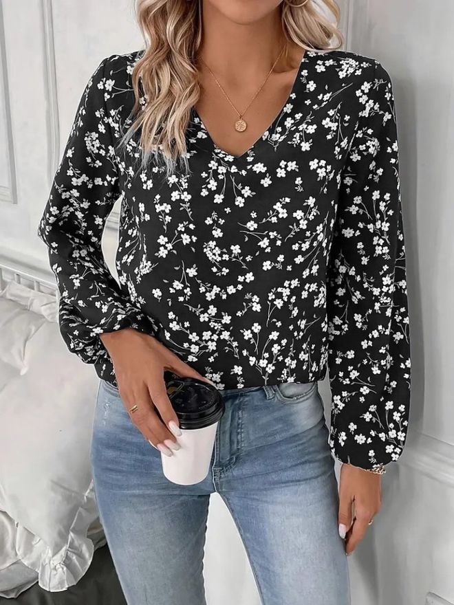 Janes Chemisier Décontracté Noir Fleuri Col En V Vêtements en gros Décontracté