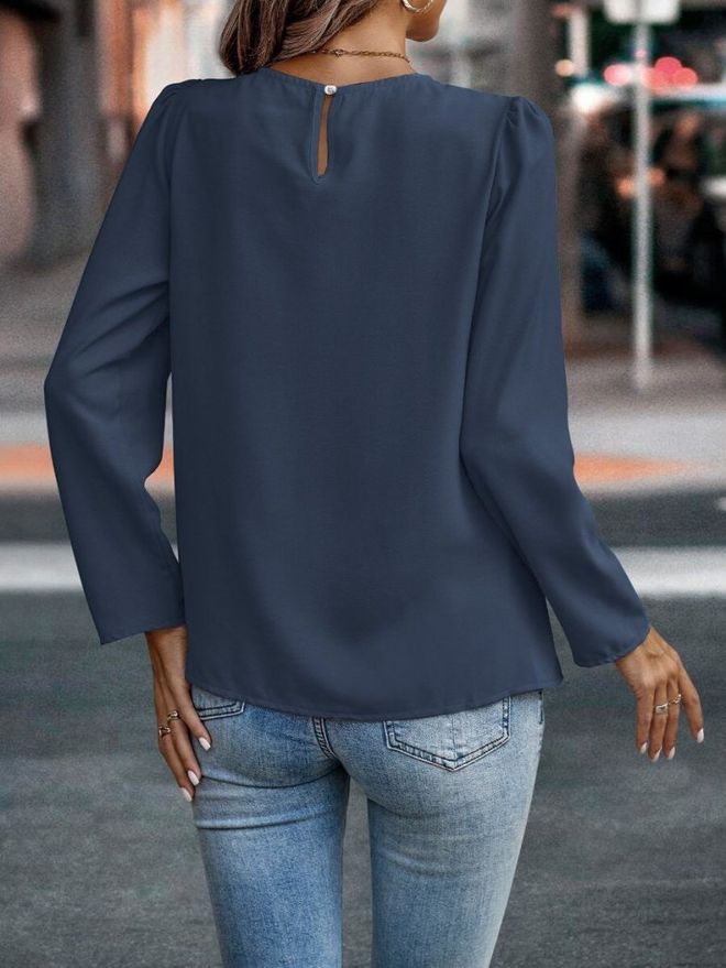 Janes Blusa Azul marinho Com Mangas Compridas E Decote Redondo Roupas por atacado Trabalho