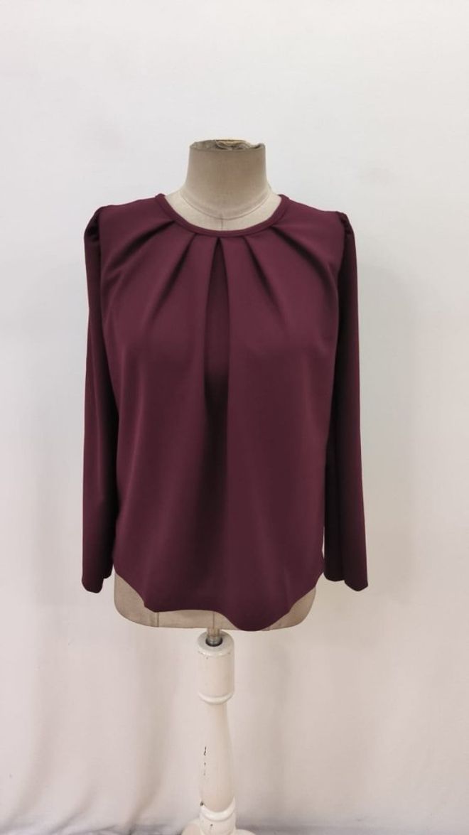Janes Blusa Vermelho Clarete Com Decote Redondo E Mangas Compridas Roupas por atacado Primavera