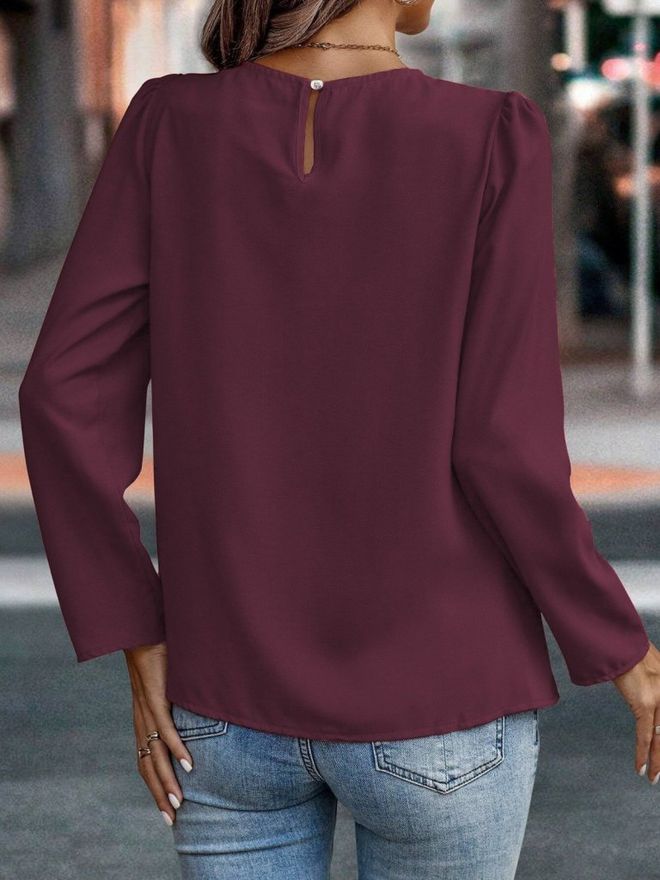 Janes Blusa Vermelho Clarete Com Decote Redondo E Mangas Compridas Roupas por atacado Trabalho