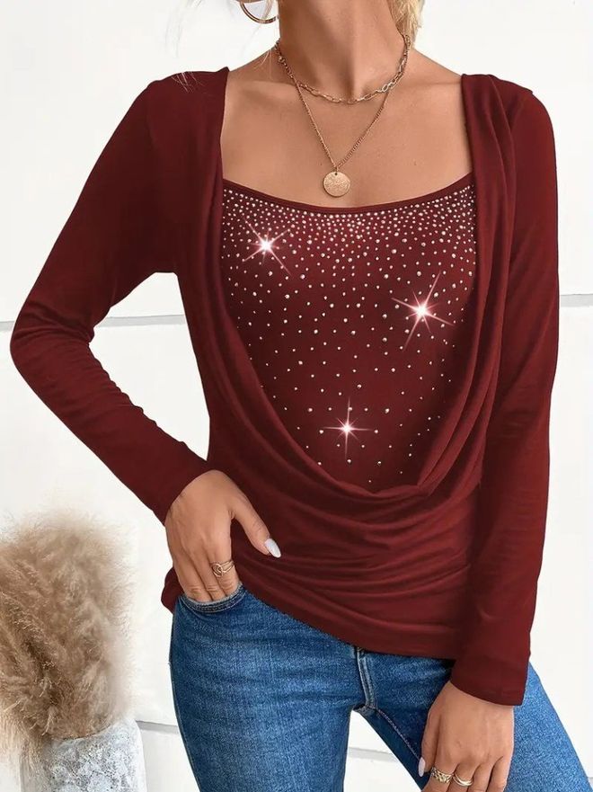 Janes Blusa Vermelho Clarete Com Lantejoulas Slim Fit Roupas por atacado Natal