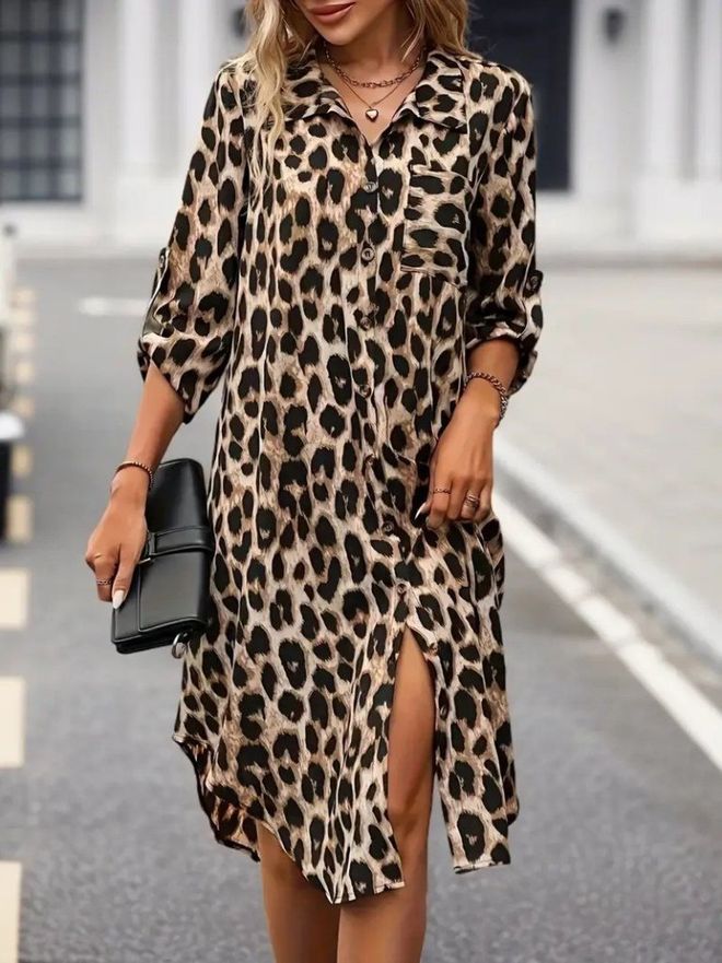 Janes Kadın Uzun Kollu Yakalı Önden Düğmeli Leopar Desenli Modal Midi Elbise Brown Toptan Giyim 3