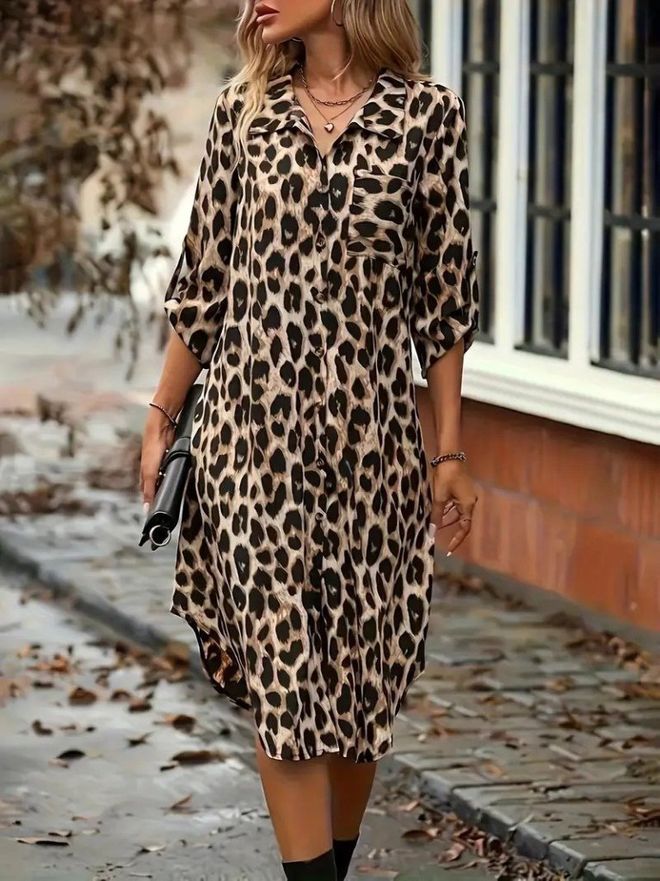 Janes Kadın Uzun Kollu Yakalı Önden Düğmeli Leopar Desenli Modal Midi Elbise Brown Toptan Giyim 1
