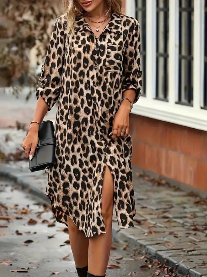 Janes Kadın Uzun Kollu Yakalı Önden Düğmeli Leopar Desenli Modal Midi Elbise Brown Toptan Giyim Gündelik