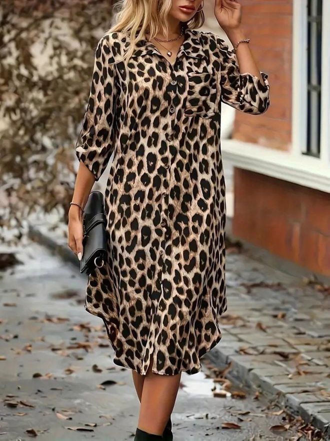 Janes Kadın Uzun Kollu Yakalı Önden Düğmeli Leopar Desenli Modal Midi Elbise Brown Toptan Giyim 4