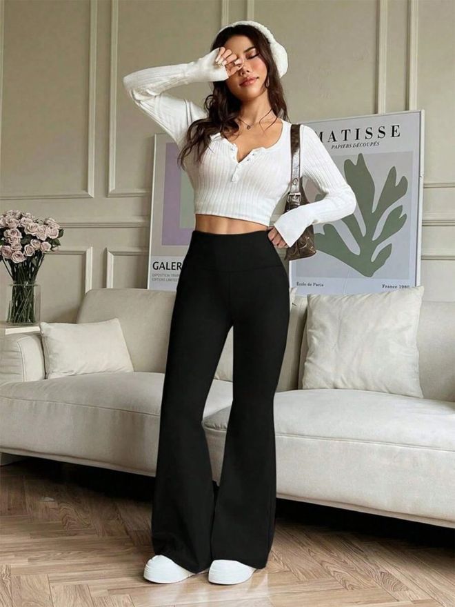 Janes Siyah Bootcut Yüksek Bel İspanyol Paça Pantolon Black Bootcut High Waist Flare Leg Pants Toptan Giyim Gündelik