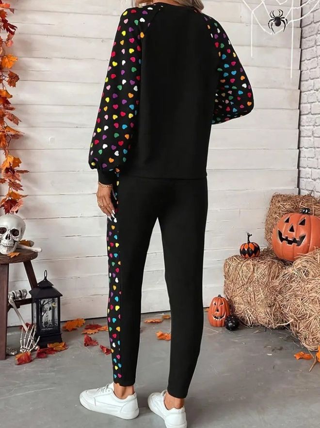 Janes Ensemble Noir Décontracté Sportif Avec Motifs Cœurs Vêtements en gros Lounge
