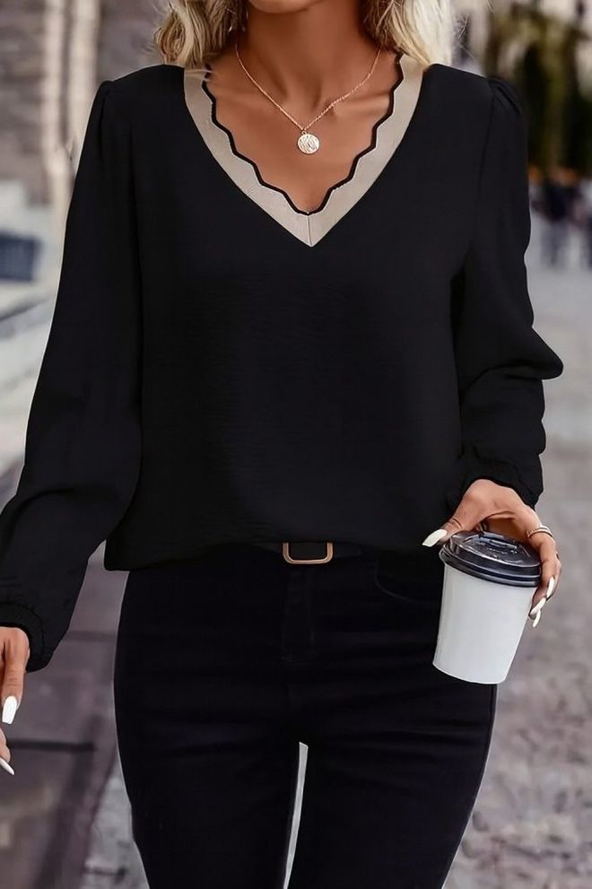 Janes Blusa Negra Con Escote En V Y Mangas Largas Ropa al por mayor Trabajo
