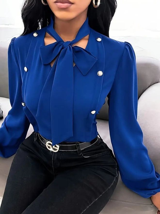 Janes Blusa Azul Elegante Con Cuello Alto Y Mangas Globo Ropa al por mayor Antiguo