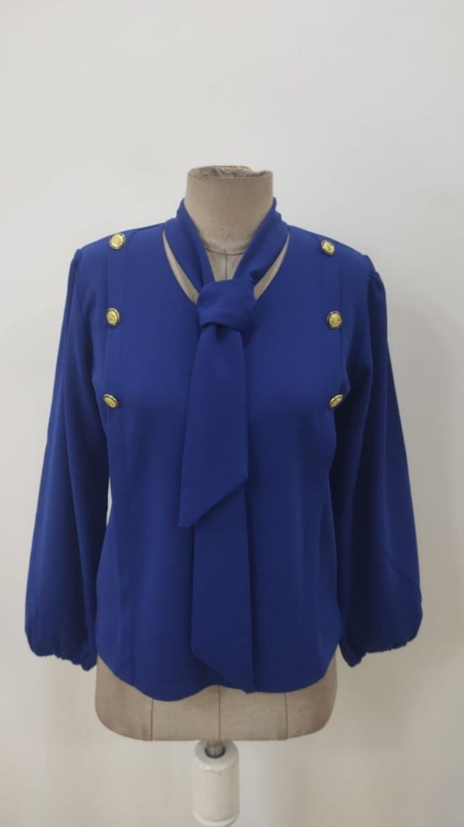 Janes Blusa Azul Elegante Con Cuello Alto Y Mangas Globo Ropa al por mayor Cumpleaños
