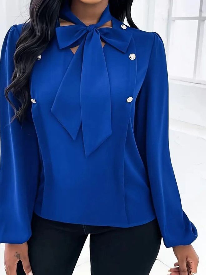Janes Blusa Azul Elegante Con Cuello Alto Y Mangas Globo Ropa al por mayor 1