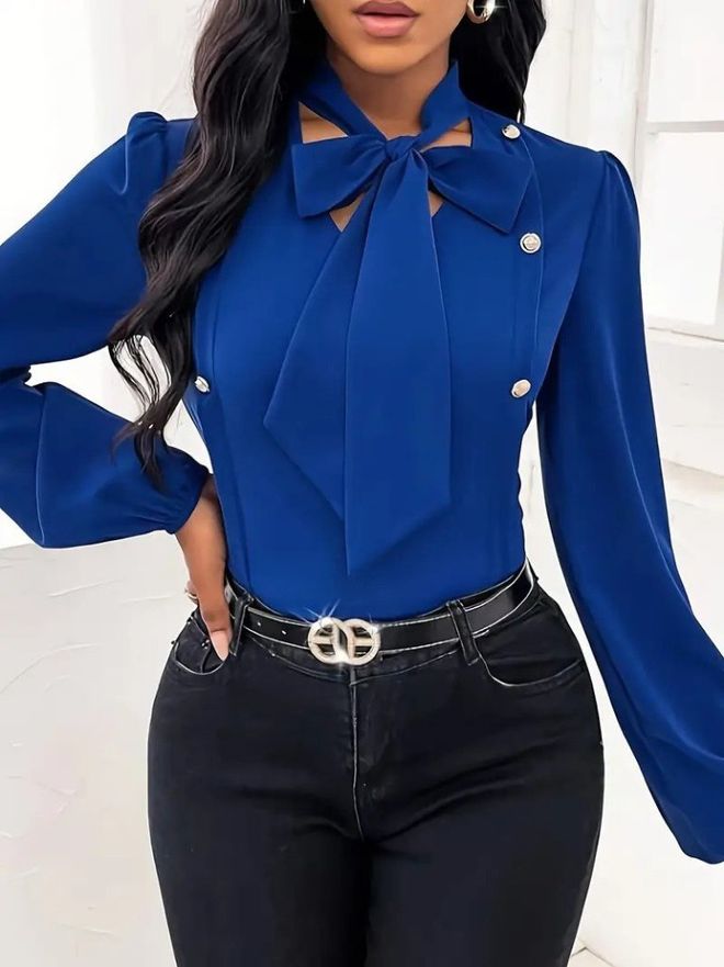 Janes Blusa Azul Elegante Con Cuello Alto Y Mangas Globo Ropa al por mayor Primavera