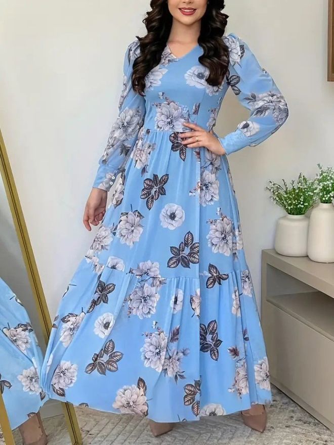 Janes Blue Floral A Line Maxi Dress With Long Sleeves Wholesale Clothing Modest