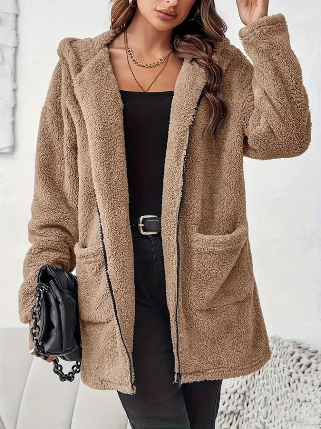 Janes Blouson Teddy Brun Avec Col À Capuche Et Fermeture Éclair Vêtements en gros Décontracté