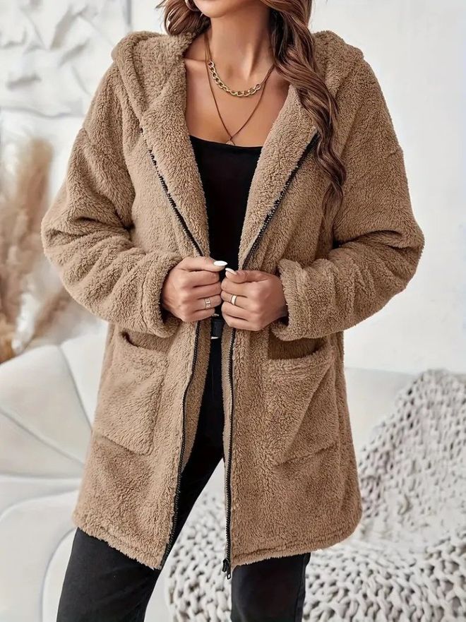 Janes Blouson Teddy Brun Avec Col À Capuche Et Fermeture Éclair Vêtements en gros Automne