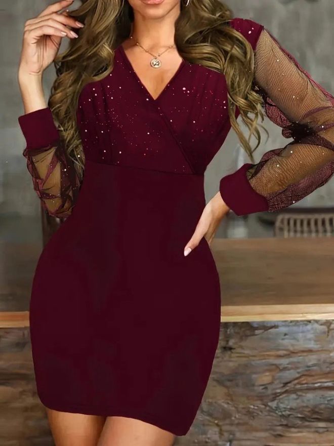 Janes Claret Red Bodycon Mini Dress With Sequined V Neck Wholesale Clothing Sexy