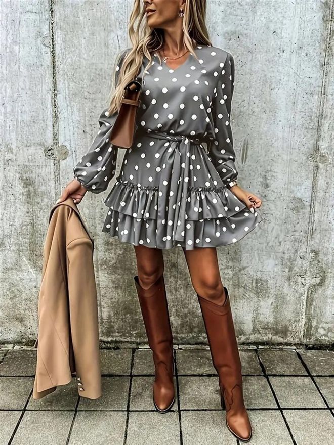 Janes Vestido Mini Cinzento Fit And Flare Com Bolinhas Roupas por atacado Casual