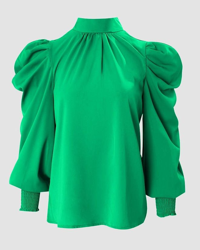 Janes Elegant Green Blouse With Puff Long Sleeves Wholesale Clothing Vintage