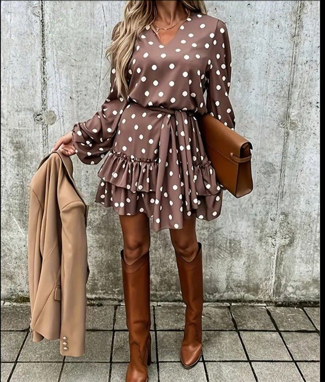 Janes Vestido Mini Castanho Com Bolinhas Fit And Flare Roupas por atacado Modesto