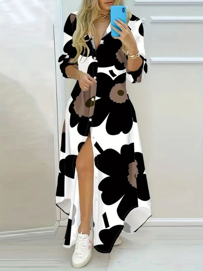 Janes Vestido Camisa Maxi Floral Preto Com Decote Em V Roupas por atacado Casual
