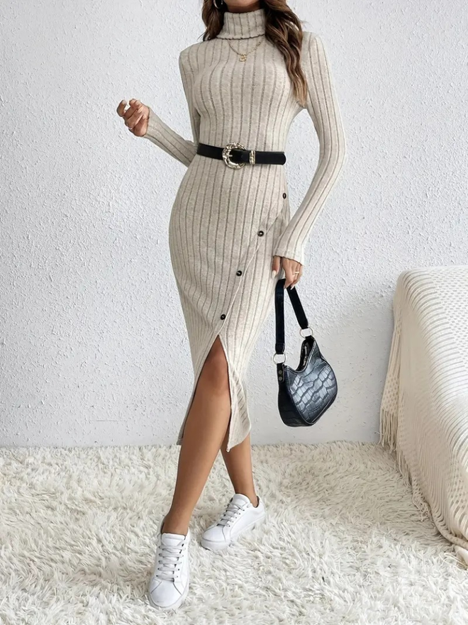 Janes Chardon hemdjurk Met Lange Mouwen En Lange Mouwen En Split En Knoopsluiting Voor Dames Beige Groothandel Kleding 1